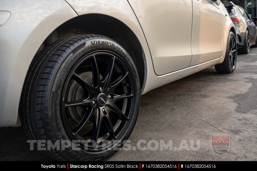 16x7.0 Starcorp Racing SR05 Satin Black on Toyota Yaris