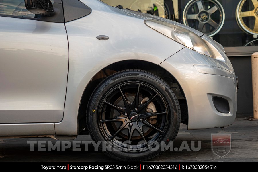 16x7.0 Starcorp Racing SR05 Satin Black on Toyota Yaris