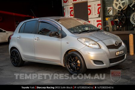 16x7.0 Starcorp Racing SR05 Satin Black on Toyota Yaris